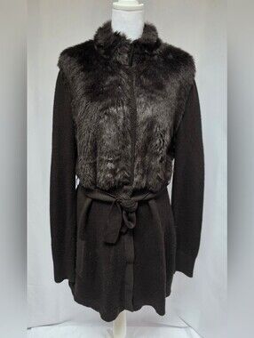 Tahari Dark Brown Faux Fur Cardigan Wool Blend Tie Waist Sweater Large